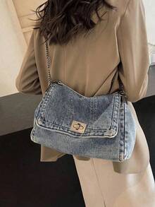 Winter New Fashion Classic Joker Solid Color Retro Wash Jeans Material Metal Chain Shoulder Bag Quilted Embroidery Thread Decoration Design Large-Capacity Shoulder Bag Suitable For Shopping And Outing., Perfect For Cow Girl - Blue - View 9