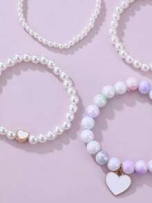 4件套女孩珍珠心形吊坠手链套装，节日礼物 - 均碼 - 查看 6