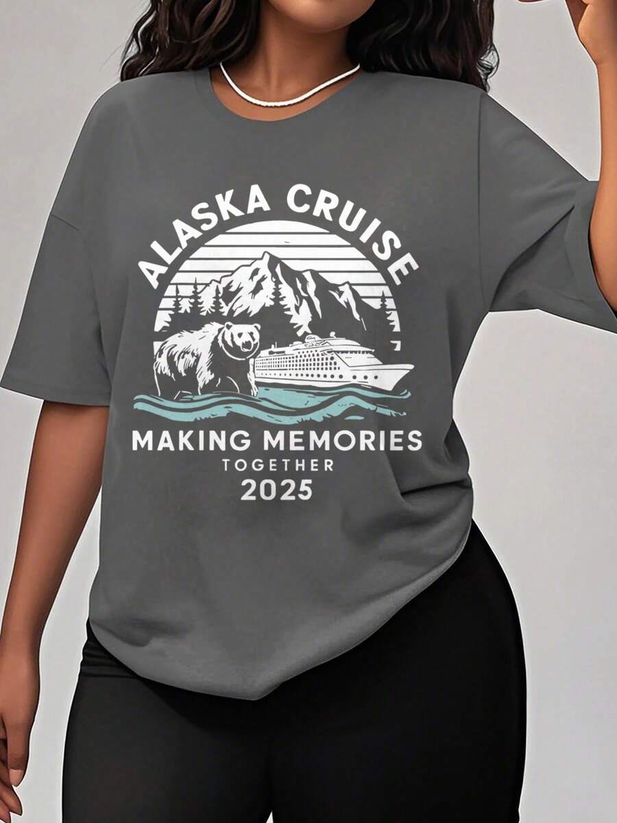 Oversized Style For Women, Alaska 2025 Cruise Shirt, Alaska Vacation Matching Shirt, Alaska Cruising Family Shirt, Alaska Shirt, Cute Alaska Cruising T-Shirt, Oversize Type Shirt For Women, Perfect For Holiday Parties Or Gift Giving, Soft And Comfortable - 深灰色 - 查看 1