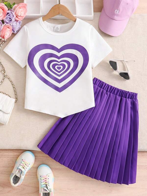 2pcs Girls' Summer Sets, Heart Print Sleeveless White T-Shirt + Purple Pleated Skirt, Kids' Simple Comfortable Casual Outfits For Daily, Outdoor, Vacation