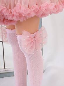 1 Pair Girls' Pearl Mesh Bow Heart Decor Fishnet High Socks, Spring/Summer - Pink - View 4