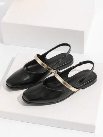 法式黑色方头女凉鞋，2025年夏季新款百搭一脚蹬休闲鞋，基本款包头舒适平底鞋，可搭配连衣裙，适合所有季节