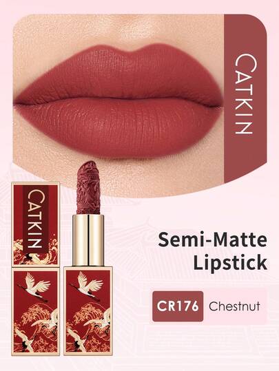 Rouge Matte Engraved Lipstick, Waterproof Long-Lasting Satin Smooth Lip Color CR176 Chestnut Brown