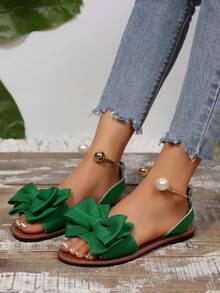 Nuevas sandalias planas cómodas y sencillas con puntera redonda, lazo, adorno metálico y cuentas para mujer talla grande, zapatos de casual, de moda, para exteriores, vacaciones, playa y verano - Verde - Ver 3