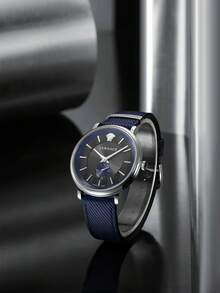 Versace Quartz Wrist Watch For Men, Business Chic Blue Leather Adjustable Strap Watch With Vertical Stripe Dial And Siliver Stainless Steel Case,VEBQ01018 - Navy Blue - View 8