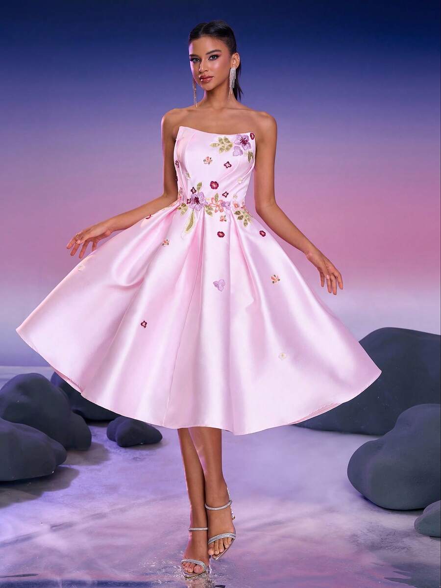 Anymoon Elegant Floral Embroidered Strapless Formal Dress - Pink - View 1