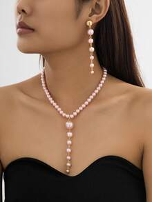 1 Set Fashionable & Elegant Personalized Pearl Necklace & Clip-On Earrings Jewelry Set, Suitable For Daily Wear, Travel, Holidays, Gift - White - View 2