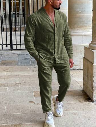 Conjunto de pantalón y top de manga larga minimalista de unicolor casual para hombre, ropa de otoño