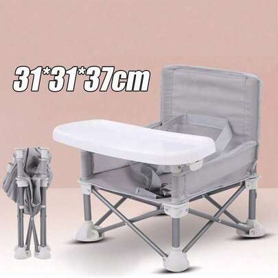 1pc Gray Folding Dining Chair For Children With Belt, Storage Compartment On The Back, And Removable Tray. Large Non-Slip Feet, Thickened Aluminum Tube, Stable Design To Prevent The Chair From Tipping Over And Ensure. Equipped With 5-Point Belt