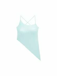 Crisscross Back Built In Bra Plus Size Women's Workout Tank Top - Thin Straps & Asymmetrical Hem Cropped Camisole | 4-Way Stretch Breathable Atheleisure Sport Tank Top For Gym, Yoga, Pilate, Running (Mint Green, 0XL~3XL) - Mint Green - View 11