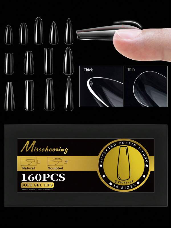 160pcs L-2XL Glossy False Nail Tips Deep C-Curve Sculpted Thick Soft Gel Acrylic Nails Almond&Coffin&Stiletto&Square&Round Full Cover Press On Nails Artificial DIY Extension Supplies For Women Girls
