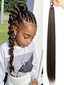 Elegant Yaki Straight Braided Ponytail Extension For Kids | Versatile Hairpiece In Brown, Black 1pc - Natural Black - View 11