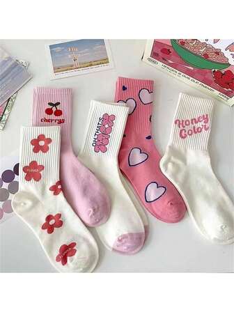 5双可爱花卉、爱心、字母印花休闲中筒袜，简约百搭，女士袜子