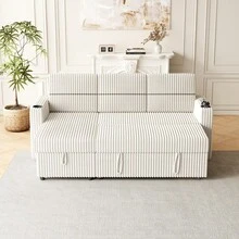 Sofá cama de pana de 85 pulgadas, sofá cama de 3 plazas con chaise longue y almacenamiento, reposabrazos cuadrados con 2 portavasos y puerto de carga USB, sofá cama extensible para la sala de estar-2186 - Multicolor - Ver 5