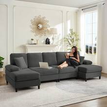 112" Upholstered U Shaped Sectional Couches, Corduroy Living Room Furniture,Large 4-Seater Sofa With Double Chaises And Sleepable Armrests,Throw Pillows For Couches Sofas Living Room - Xám - Xem 4