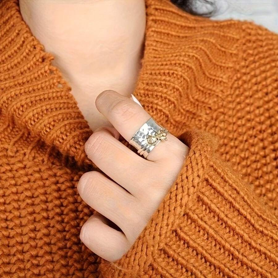 Sunflower And Bee Ring, Spinner Ring, Nature Ring, Meditation Spinning Wide Band, Anxiety Fidget Ring - 彩色 - 查看 1
