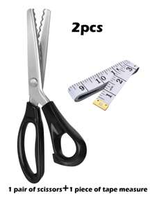 2pcs Set: Sewing Scissors, Serrated Scissors, Suitable For Handicrafts, Tailoring, Paper Cutting, School, Home, Fabric Edging, Leather, Decoration (1 Pair Of Scissors + 1 Soft Ruler)