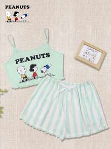 SNOOPY Authorized PEANUTS Snoopy Cute Printed Cami Top & Plaid Shorts, Sweet Summer Two Pieces Set Outfit
