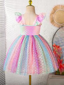 Young Girl' Dreamy Rainbow Unicorn & Fish Scale Print Ruffle Trim Cap Sleeve Dress, Sheer Fabric, Keep Away From Fire - Multicolor - View 2