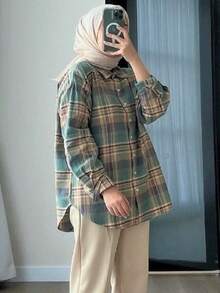 女式休闲格子印花长袖衬衫 - 彩色 - 查看 1