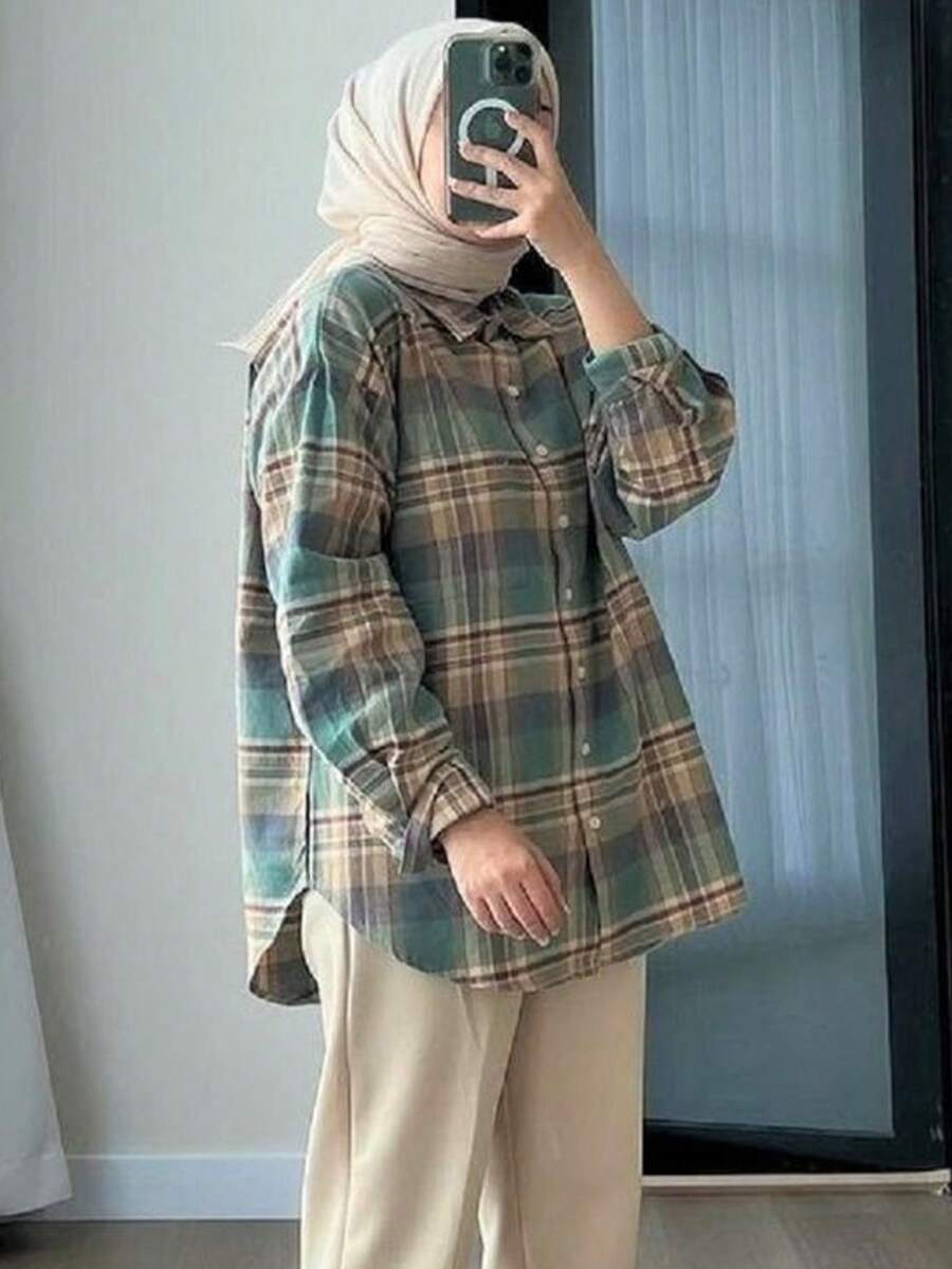 女式休闲格子印花长袖衬衫 - 彩色 - 查看 1