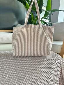 Mini Striped Casual Large Capacity Simple Shopping Vacation School Tote Bag, Tote Bags For Women, College Essentials, Holiday - Khaki - View 8