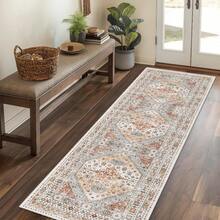 1/2 Set Large Area Washable Carpets, Hallway Rugs, Easy Cleaning Carpets Suitable For Living Room, Bedroom, Vintage Home Decor - Orange - View 9