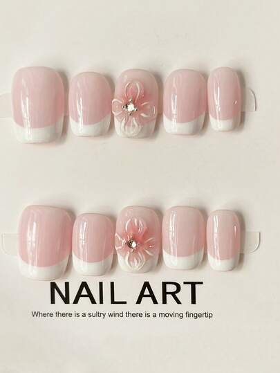 10pcs Beautiful Handmade French 3D Floral Almond Shaped Press-On Nails - 3D Floral Decor With Rhinestones, Pink/Nude Glitter Effect, Pointed Oval Shape, Elegant Vacation Style, Suitable For Women And Girls For Daily And Party Wear Nail Supplies