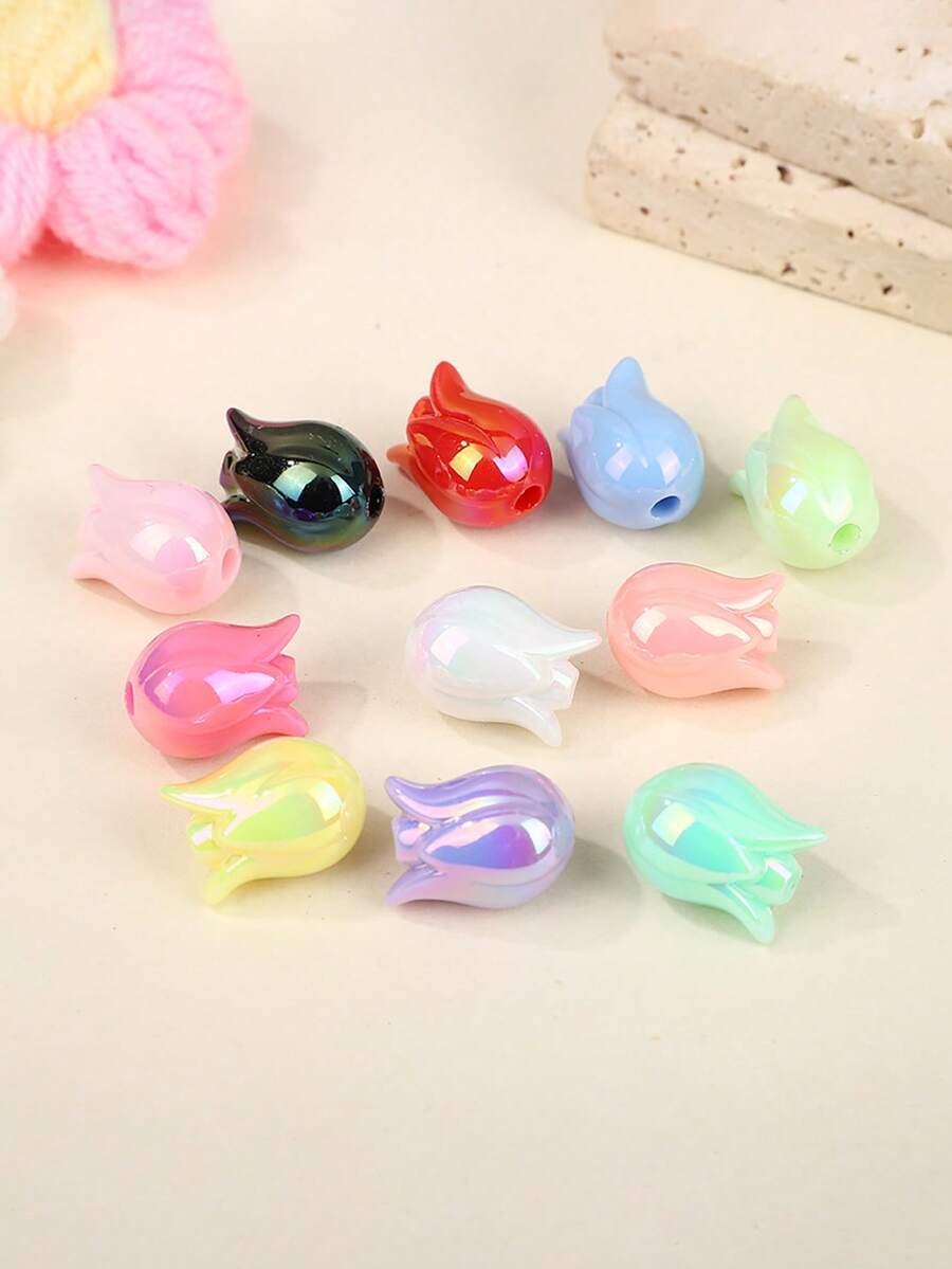 10件随机款式郁金香花叶UV镀珠DIY亚克力手机绳汽车挂件穿笔钥匙扣配件节日礼物