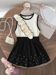 Terno de 2 peças para meninas adolescentes, moda verão, regata de cor sólida com babados em damasco + shorts pretos texturizados com pérolas, roupa casual estilosa - Damasco - Ver 1