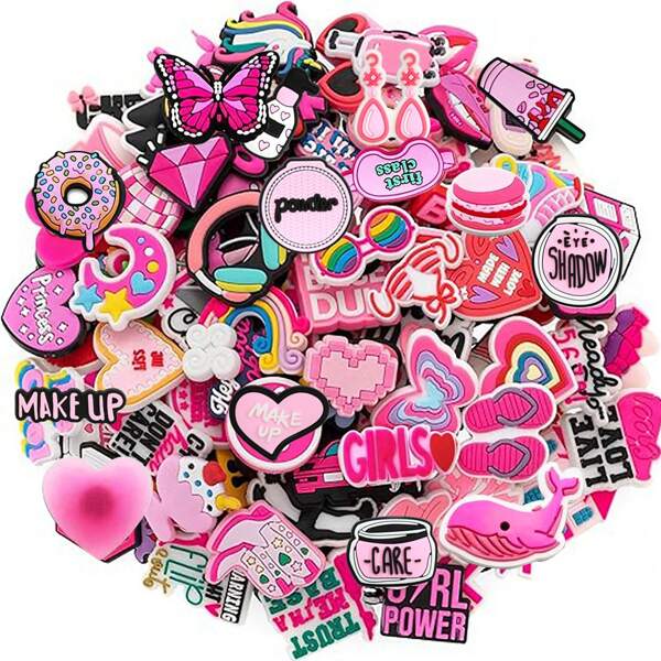 Série rose Breloques pour sabots et sandales, 10/32 pièces au hasard. Accessoires décoratifs de haute qualité et populaires. Excellent cadeau pour les adolescents, hommes, femmes et adultes