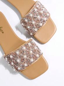 Women's Slide Sandals With Rhinestone Decor, Casual Versatile Outdoor Flat Plastic Slippers