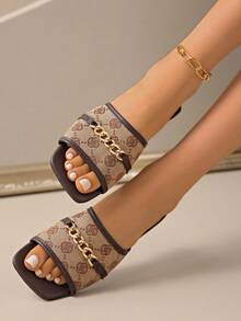 [Casual Flat Sandals] Women's Flat Sandals With Chain Buckle, Peep Toe, Slip-On, TPR Sole - Suitable For Beach - Brown - View 7