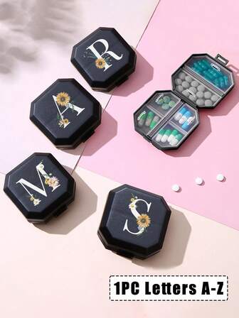 便携式隔层药盒印有雏菊首字母 A-Z，6 格胶囊储存盒，旅行药盒，医药盒，迷你药盒，6 格药丸收纳盒旅行迷你药盒用于平板电脑防潮药物和维生素容器分配器收纳盒旅行居家露营户外徒步狩猎药品，药盒，药丸容器，第一套工具医疗包旅行配件宿舍必需品