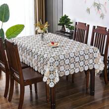 1 pièce Nappe rectangulaire en polyester blanc beige vintage bohème avec motif tournesol marguerite ajouré, décoration de la maison, cuisine, café, utilisation extérieure