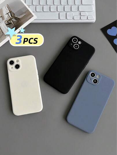 Minimalist White Black Blue Solid Silicone 3pcs Minimalist Solid Color Phone Cases Precise Holes Straight Edges Thick Anti-Drop Painted Phone Protective Covers Gift For Women Birthday Celebration