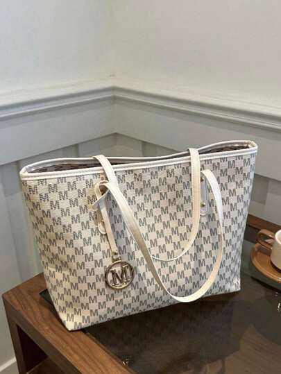 New Fashion Women's Large Capacity Full Body Print Design Letter Pattern Decoration Design Double Handle Tote Bag Suitable For Work And Commuting,School Bag,Large Capacity,Portable,Classic Casual,Business Casual,For Teen Girls Women College Students,White-Collar Workers,Perfect For Work,Back To School,Middle School,High School,College,Vacation, Fashionable Tote Bag With Zipper