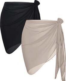 CHICGAL 2 Pieces Women Beach Sarong Bathing Suit Wrap Skirt Sheer Bikini Swimsuit Cover Ups Swimwear - 黑色和淺卡其色 - 查看 1