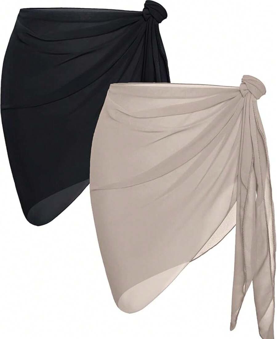 CHICGAL 2 Pieces Women Beach Sarong Bathing Suit Wrap Skirt Sheer Bikini Swimsuit Cover Ups Swimwear - 黑色和淺卡其色 - 查看 1
