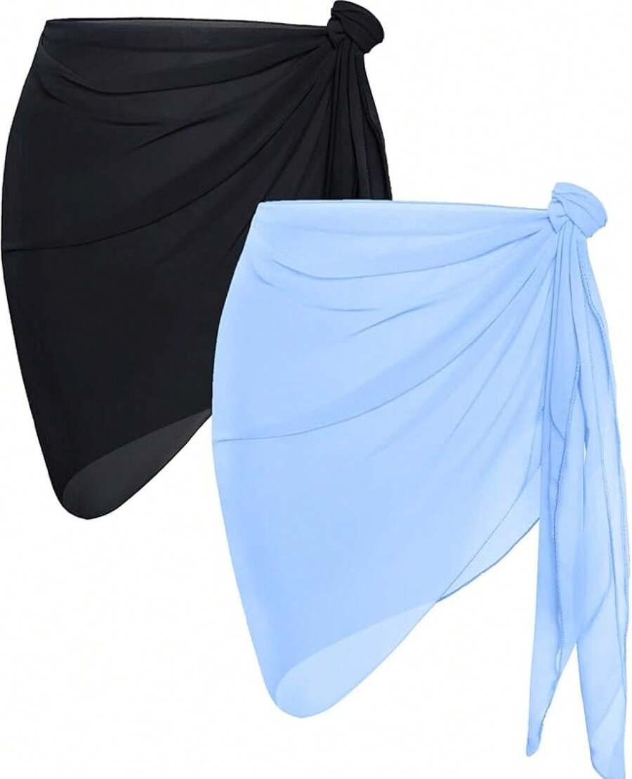 CHICGAL 2 Pieces Women Beach Sarong Bathing Suit Wrap Skirt Sheer Bikini Swimsuit Cover Ups Swimwear - 黑色和淺藍色 - 查看 1