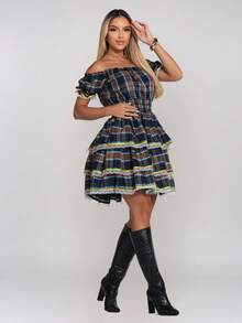 Quadrilha Dress For June Festivals, Plaid Party, Lace Fabric, Quadrilha Dress For June Festivals - 黑色 - 查看 5