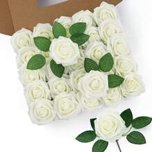 25Pcs Artificial Roses Flowers Fake Roses With Stems Real Touch Foam Flowers For DIY Wedding Bouquet Baby Shower Centerpiece Floral Arrangement Party Home Decor(Dark Red) - 奶油 - 查看 7