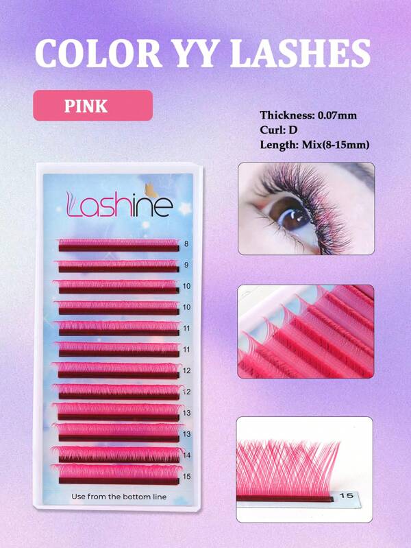 Lashine Lashine 12 Rows YY Shape Hand Woven Premium Synthetic YY Lashes Extensions Color Pink 0.07mm D Mix Soft Natural Colorful Automatic Flowering Premade Fans YY Individual Lashes