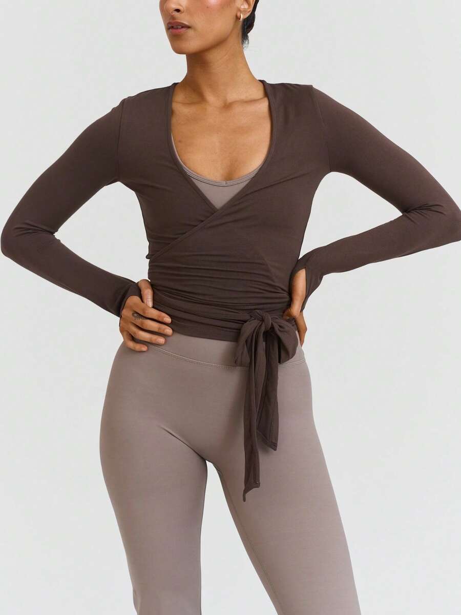 Women Y2K Pilates Wrap Top Long Sleeve Deep V Neck Tie Front Workout Ballet Pilates Yoga Shirt Casual Slim Fit Sports Active Tops - 棕色 - 查看 1
