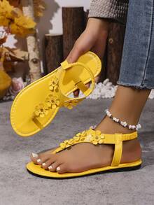 Yellow Retro Flat Sandals For Women, Summer New Thong Flower Pattern Versatile Niche Student Shoes, Roman Beach Slippers,Flip Flops - Yellow - View 1