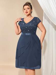 Sequin Lace V-Neck Ruffle Hem Chiffon Cocktail Dress, Suitable For Valentine's Day, Dinner Date, Graduation Ceremony, Homecoming - Grey - View 9