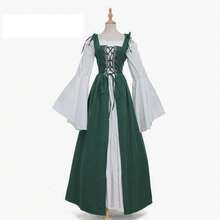 "Renaissance Style Elegant Lace-Up Corset Maxi Dress For Women - Vintage Medieval Gothic Ball Gown With Bell Sleeves For Theater, Cosplay And Formal Events" - Xanh đậm - Xem 1