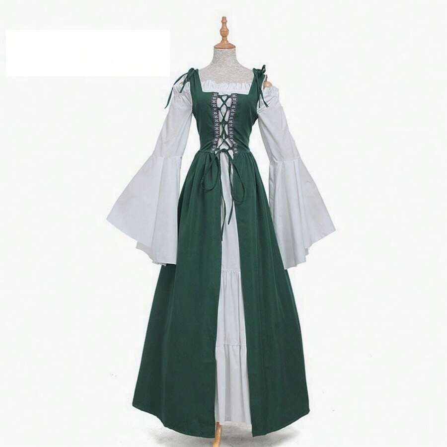 "Renaissance Style Elegant Lace-Up Corset Maxi Dress For Women - Vintage Medieval Gothic Ball Gown With Bell Sleeves For Theater, Cosplay And Formal Events" - Xanh đậm - Xem 1