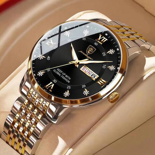 50M Waterproof Watch Real Brand POEDAGAR Classic Round Stainless Steel Men Watch Dual Date English Day Display Luminous Japan Imported Quartz Automatic Movement Built-In Long-Life Battery Luxury Gift Brothers Business Partners Fathers Men's Birthday Exam Back To School Essentials