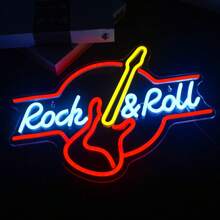FOMZZE Neon-Licht Gitarren-förmige LED Wanddekoration, USB betriebene Lampe für Musikveranstaltungen, Bar, Heimdekoration - Blau und Gelb Neon-Licht, Musik-Themen Dekoration | Rock Muster | Dekorative LED-Beleuchtung, Gitarren Dekoration